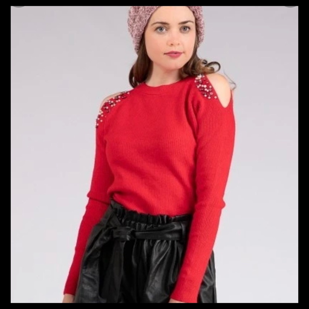 Griffon Salim Sever Pom Pom Embellished Cutout Cold Shoulder Sweater, S